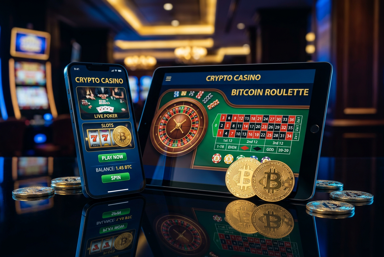 Luksusowy tablet wyświetlający stronę kasyna z monetami Bitcoin.