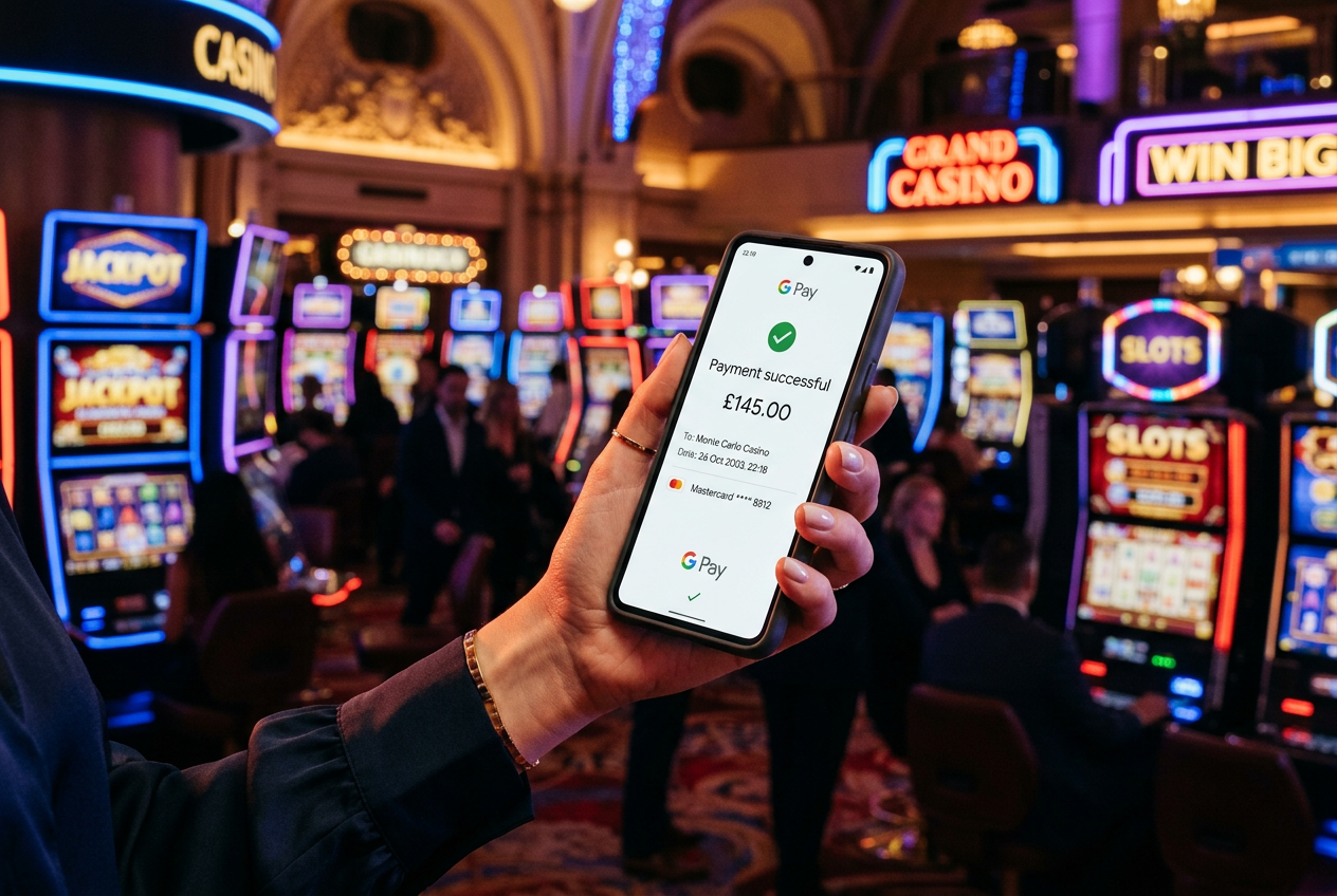 Ręka trzymająca smartfon z aktywną płatnością Google Pay w eleganckim kasynie.